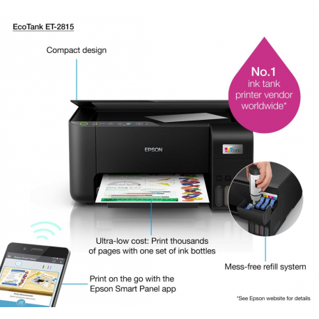 Epson EcoTank ET-2815 - Multifunction printer - colour - ink-jet - refillable - A4 (media) - up to 10 ppm (printing) - 100 sheets - USB, Wi-Fi - black - 48