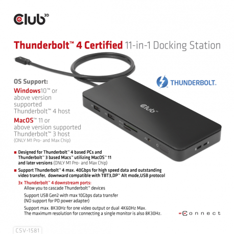 Club 3D - Docking station - USB-C / Thunderbolt 3 / Thunderbolt 4 - 3 x Thunderbolt 4 - GigE - 140 Watt - 8