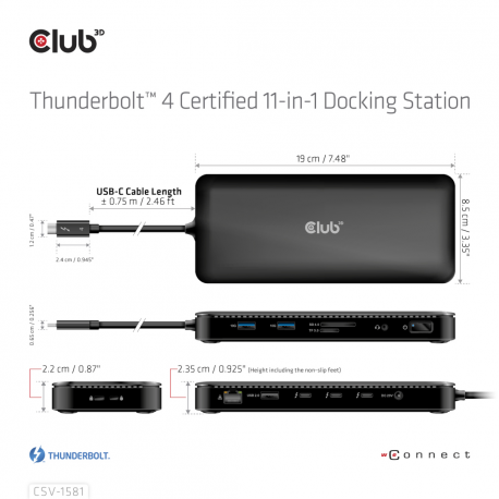 Club 3D - Docking station - USB-C / Thunderbolt 3 / Thunderbolt 4 - 3 x Thunderbolt 4 - GigE - 140 Watt - 9