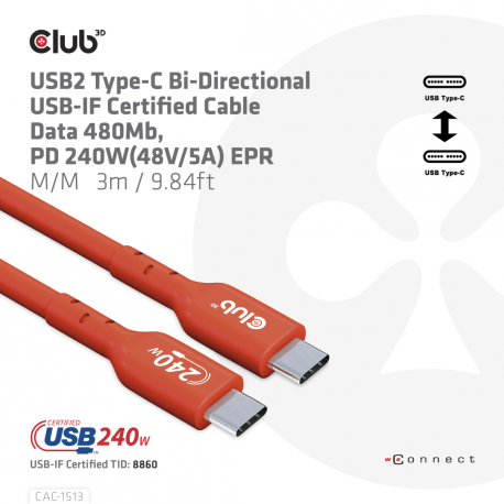 Club 3D - USB cable - 24 pin USB-C (M) to 24 pin USB-C (M) - 48 V - 5 A - 3 m - bi-directional, up to 240W power delivery support, extended power range (EPR) - 6