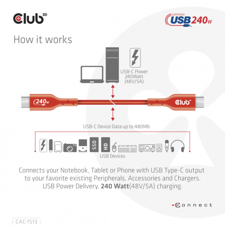 Club 3D - USB cable - 24 pin USB-C (M) to 24 pin USB-C (M) - 48 V - 5 A - 3 m - bi-directional, up to 240W power delivery support, extended power range (EPR) - 8