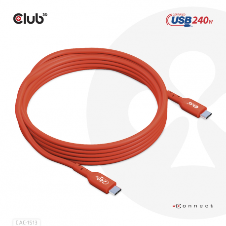 Club 3D - USB cable - 24 pin USB-C (M) to 24 pin USB-C (M) - 48 V - 5 A - 3 m - bi-directional, up to 240W power delivery support, extended power range (EPR) - 9