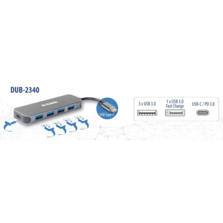 D-Link DUB-2340 - Hub - 4 x SuperSpeed USB 3.0 + 1 x USB-C (power delivery) - desktop - 2