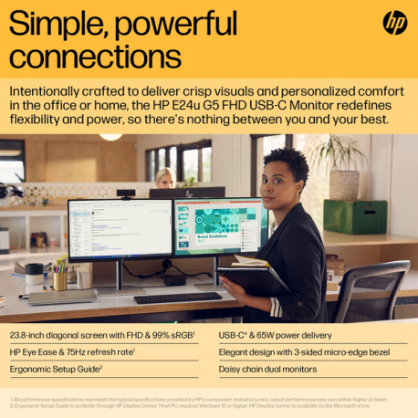 HP E24u G5 - E-Series - LED monitor - 23.8" (23.8" viewable) - 1920 x 1080 Full HD (1080p) @ 75 Hz - IPS - 250 cd / m² - 1000:1 - 5 ms - HDMI, DisplayPort, USB-C - black head, black and silver (stand) - 17