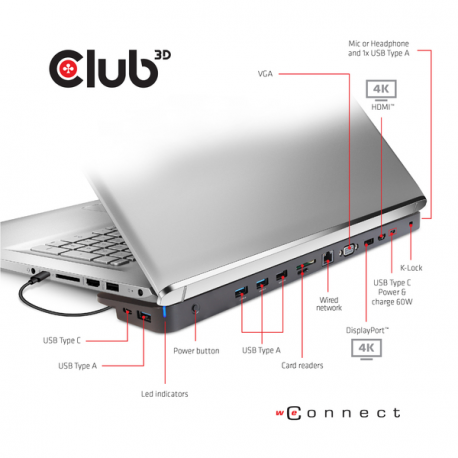 Club 3D - Docking station - USB-C 3.2 Gen 1 - VGA, HDMI, DP - GigE - 100 Watt - 1