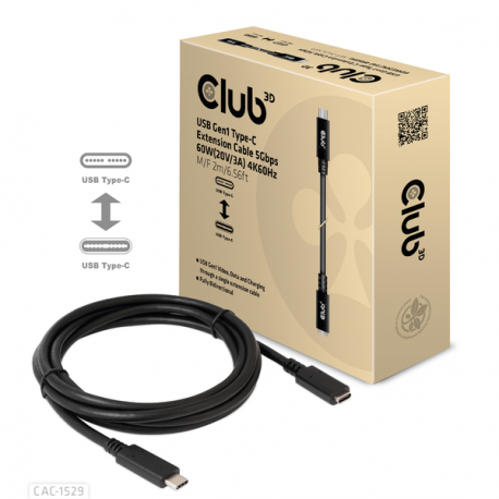 Club 3D CAC-1529 - USB extension cable - USB-C (M) to USB-C (F) - 20 V - 3 A - 2 m - bi-directional, 4K60Hz support - 2