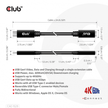 Club 3D CAC-1529 - USB extension cable - USB-C (M) to USB-C (F) - 20 V - 3 A - 2 m - bi-directional, 4K60Hz support - 4