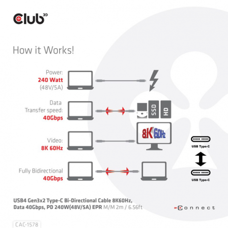 Club 3D - USB cable - 24 pin USB-C (M) to 24 pin USB-C (M) - USB4 Gen3x2 - 48 V - 5 A - 2 m - 8K60Hz support, bi-directional, extended power range (EPR), USB Power Delivery (240W), up to 40 Gbps data transfer rate - 2