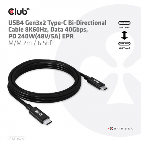 Club 3D - USB cable - 24 pin USB-C (M) to 24 pin USB-C (M) - USB4 Gen3x2 - 48 V - 5 A - 2 m - 8K60Hz support, bi-directional, extended power range (EPR), USB Power Delivery (240W), up to 40 Gbps data transfer rate - 6