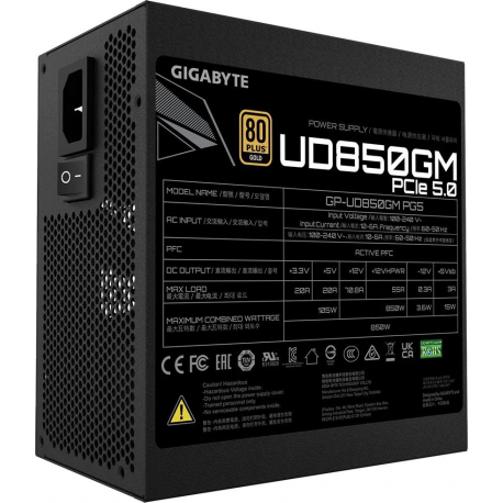 Gigabyte UD850GM PG5 - Power supply (internal) - ATX12V  /  EPS12V - 80 PLUS Gold - AC 100-240 V - 850 Watt - active PFC - 3