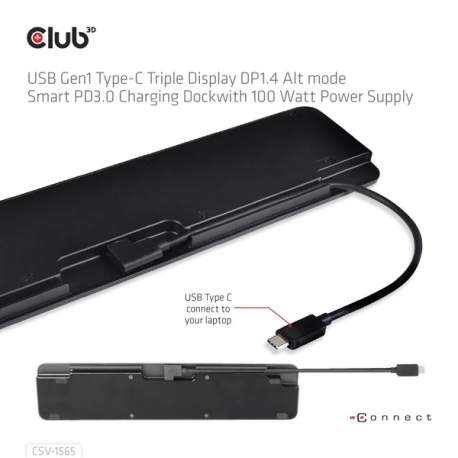 Club 3D CSV-1565 - Docking station - USB-C - VGA, HDMI, DP - GigE - 100 Watt - 1