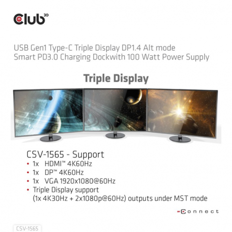 Club 3D CSV-1565 - Docking station - USB-C - VGA, HDMI, DP - GigE - 100 Watt - 3