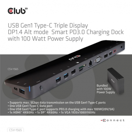 Club 3D CSV-1565 - Docking station - USB-C - VGA, HDMI, DP - GigE - 100 Watt - 5