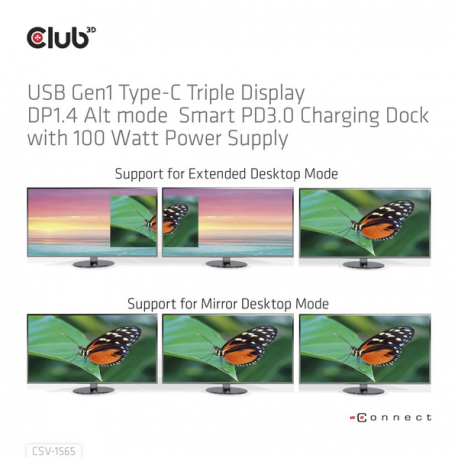Club 3D CSV-1565 - Docking station - USB-C - VGA, HDMI, DP - GigE - 100 Watt - 6