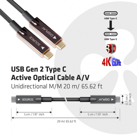 Club 3D - USB cable - 24 pin USB-C (M) to 24 pin USB-C (M) - USB 3.2 Gen 2 - 20 m - Active Optical Cable (AOC) - 6