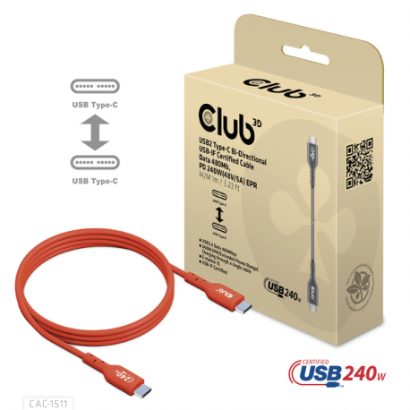 Club 3D - USB cable - 24 pin USB-C (M) to 24 pin USB-C (M) - USB 2.0 - 48 V - 5 A - 1 m - bi-directional, up to 240W power delivery support, extended power range (EPR) - 1