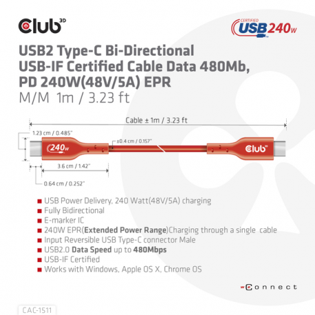 Club 3D - USB cable - 24 pin USB-C (M) to 24 pin USB-C (M) - USB 2.0 - 48 V - 5 A - 4 m - bi-directional, up to 240W power delivery support, extended power range (EPR) - 6