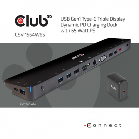 Club 3D Triple Display Dynamic PD Charging Dock - Docking station - USB-C - VGA, HDMI, DP - GigE - 65 Watt - 6