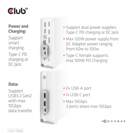Club 3D - Docking station - USB-C - VGA, 2 x HDMI, DP - GigE - 120 Watt - 1