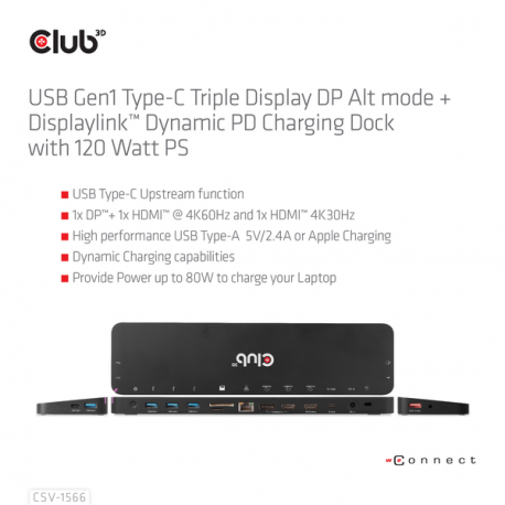 Club 3D - Docking station - USB-C - 2 x HDMI, DP - GigE - 120 Watt - 7