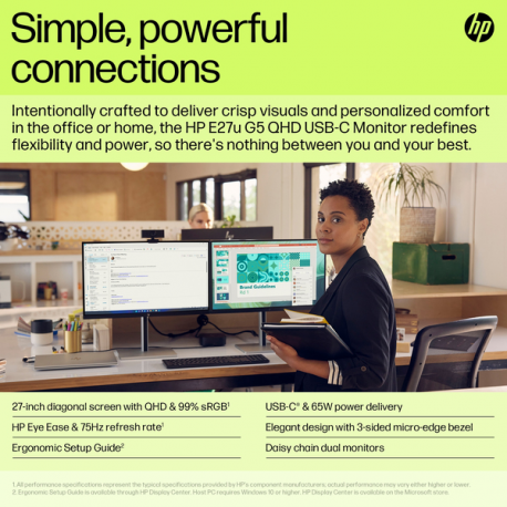 HP E27u G5 PVC Free - E-Series - LED monitor - 27" - 2560 x 1440 QHD @ 75 Hz - IPS - 350 cd / m² - 1000:1 - 5 ms - HDMI, DisplayPort, USB-C - black head, black and silver (stand) - 7