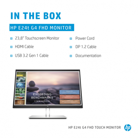 HP E24t G4 - E-Series - LED monitor - 24" (23.8" viewable) - touchscreen - 1920 x 1080 Full HD (1080p) @ 60 Hz - IPS - 300 cd / m² - 1000:1 - 5 ms - HDMI, VGA, DisplayPort - black - promo - for HP 250 G9; Elite 600 G9, 800 G9; Pro 260 G9, 290 G9; ZBook Firefly 14 G9 - 7