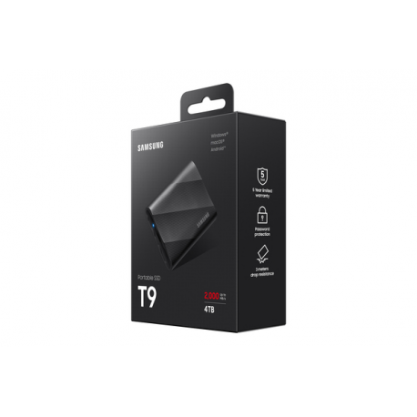 Samsung T9 MU-PG4T0B - SSD - encrypted - 4 TB - external (portable) - USB 3.2 Gen 2x2 (USB-C connector) - 256-bit AES - black - 5