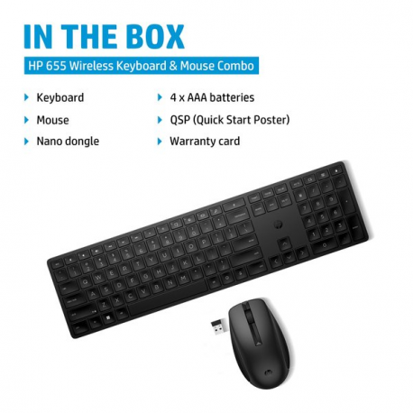 HP 655 - Keyboard and mouse set - wireless - 2.4 GHz - UK - black - for HP 34; Elite Mobile Thin Client mt645 G7; ZBook Firefly 14 G9; ZBook Fury 16 G9 - 9