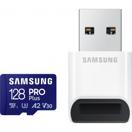 Samsung PRO Plus MB-MD128SB - Flash memory card - 128 GB - A2  /  Video Class V30  /  UHS-I U3  /  Class10 - microSDXC UHS-I - blue - 0