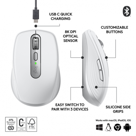 Logitech MX Anywhere 3S - Mouse - optical - 6 buttons - wireless - Bluetooth - Logitech Logi Bolt USB receiver - pale grey - 11
