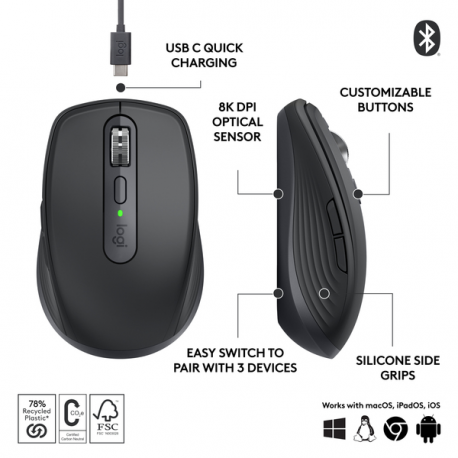 Logitech MX Anywhere 3S - Mouse - optical - 6 buttons - wireless - Bluetooth - Logitech Logi Bolt USB receiver - graphite - 18