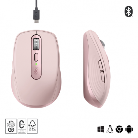 Logitech MX Anywhere 3S - Mouse - optical - 6 buttons - wireless - Bluetooth - Logitech Logi Bolt USB receiver - rose - 18