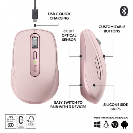 Logitech MX Anywhere 3S - Mouse - optical - 6 buttons - wireless - Bluetooth - Logitech Logi Bolt USB receiver - rose - 25