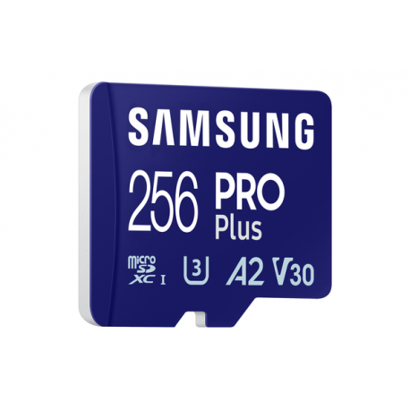 Samsung PRO Plus MB-MD256SA - Flash memory card (microSDXC to SD adapter included) - 256 GB - A2 / Video Class V30 / UHS-I U3 - microSDXC UHS-I - blue - 1