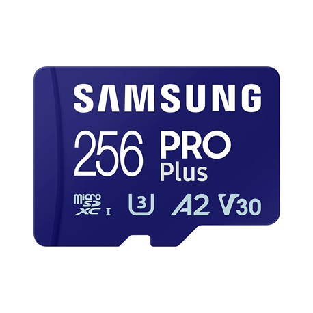 Samsung PRO Plus MB-MD256SA - Flash memory card (microSDXC to SD adapter included) - 256 GB - A2 / Video Class V30 / UHS-I U3 - microSDXC UHS-I - blue - 29
