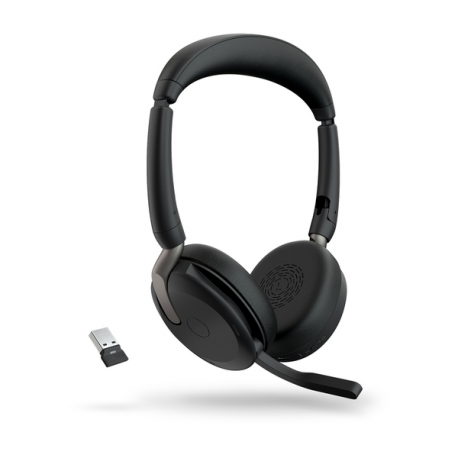 Jabra Evolve2 65 Flex UC Stereo - Headset - on-ear - Bluetooth - wireless - active noise cancelling - USB-A - black - with wireless charging pad - Optimised for UC - 2
