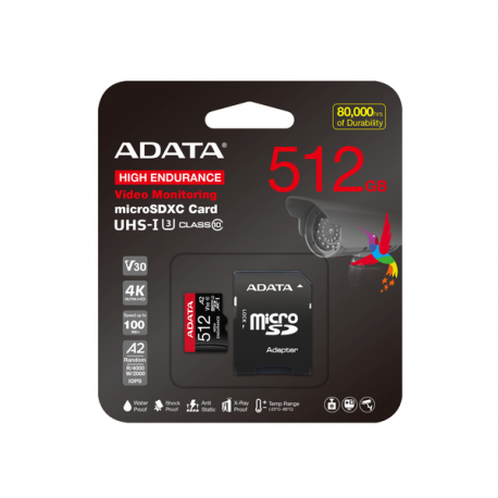 ADATA High Endurance - Flash memory card (microSDXC to SD adapter included) - 512 GB - A2 / Video Class V30 / UHS-I U3 / Class10 - microSDXC UHS-I - 2