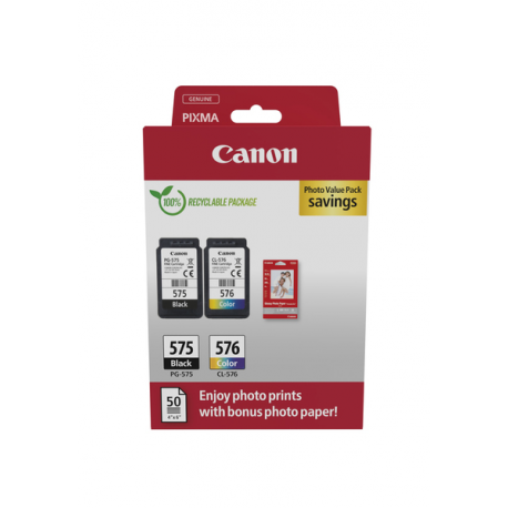 Canon PG-575 / CL-576 Photo Paper Value Pack - 2-pack - black, colour (cyan, magenta, yellow) - original - hanging box - ink cartridge  /  paper kit - for PIXMA TR4750i, TR4751i, TS3550i, TS3551i - 0