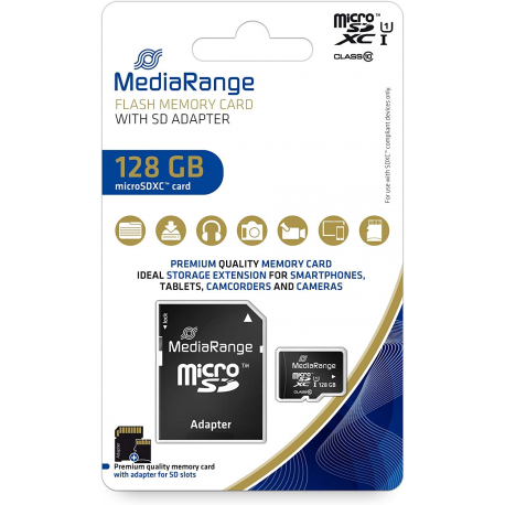 MediaRange MR945 - Flash memory card (microSDXC to SD adapter included) - 128 GB - UHS-I  /  Class10 - microSDXC - black - 0