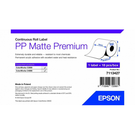 Epson Premium - Polypropylene (PP) - matte - permanent acrylic adhesive - Roll (7.6 cm x 29 m) 18 roll(s) label continuous paper - 0