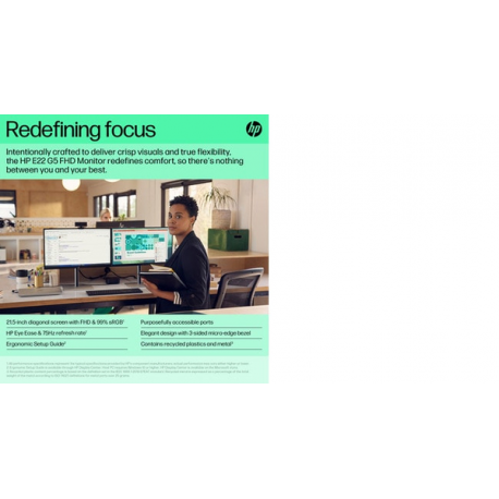 HP E22 G5 - E-Series - LED monitor - 21.5" (21.5" viewable) - 1920 x 1080 Full HD (1080p) @ 75 Hz - IPS - 250 cd / m² - 1000:1 - 5 ms - HDMI, DisplayPort, USB - black, black and silver (stand) - 6