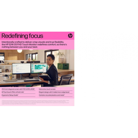 HP E24t G5 - E-Series - LED monitor - 23.8" - touchscreen - 1920 x 1080 Full HD (1080p) @ 75 Hz - IPS - 300 cd / m² - 1000:1 - 5 ms - HDMI, DisplayPort, USB-C - black, black and silver (stand) - 3