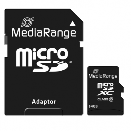 MediaRange - Flash memory card (microSDXC to SD adapter included) - 64 GB - Class 10 - microSDXC - black - 1