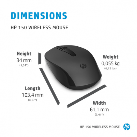 HP 150 - Mouse - right-handed - optical - 3 buttons - wireless - 2.4 GHz - USB wireless receiver - for Victus by HP Laptop 16; Laptop 14, 15, 17; Pavilion Plus Laptop 14; Pavilion x360 Laptop - 2