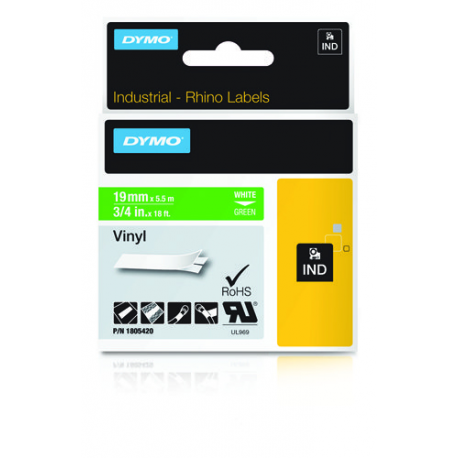 DYMO Rhino Coloured Vinyl - Vinyl - permanent adhesive - white on green - Roll (1.9 cm x 5.5 m) 1 cassette(s) tape - for DYMO ILP219; Rhino 4200, 5000, 5200, 6000; RhinoPRO 3000, 5000, 6000, 6500 - 0