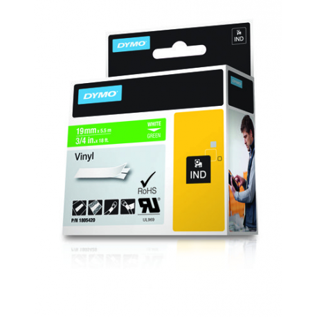 DYMO Rhino Coloured Vinyl - Vinyl - permanent adhesive - white on green - Roll (1.9 cm x 5.5 m) 1 cassette(s) tape - for DYMO ILP219; Rhino 4200, 5000, 5200, 6000; RhinoPRO 3000, 5000, 6000, 6500 - 7