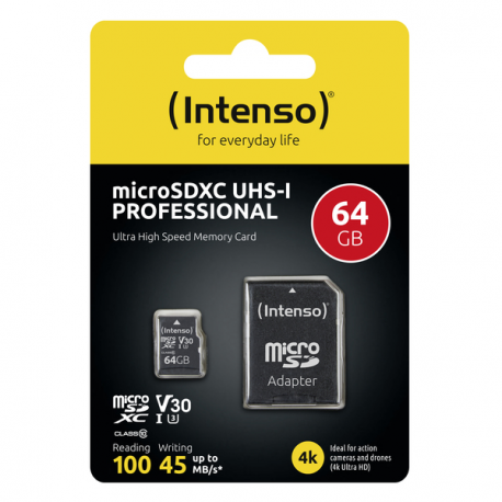 Intenso - Flash memory card (microSDXC to SD adapter included) - 64 GB - UHS Class 1 / Class10 - microSDXC UHS-I - 9