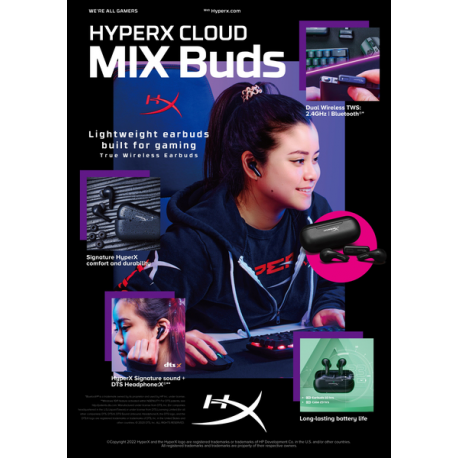HyperX Cloud MIX Buds - True wireless earphones with mic - in-ear - Bluetooth - black - for Victus by HP Laptop 15, 16; EliteDesk 800 G6; Laptop 17; Pavilion x360 Laptop - 1