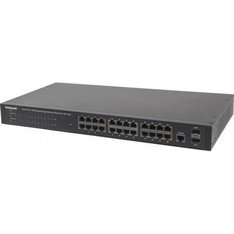 Intellinet 24-Port Gigabit Ethernet PoE+ Web-Managed Switch with 2 SFP Ports, 24 x PoE ports, IEEE 802.3at/af Power over Ethernet (PoE+/PoE), 2 x SFP, Endspan, 19" Rackmount - Switch - Managed - 24 x 10/100/1000 (PoE+) + 2 x SFP - desktop, rack-mountable - PoE+ - 0