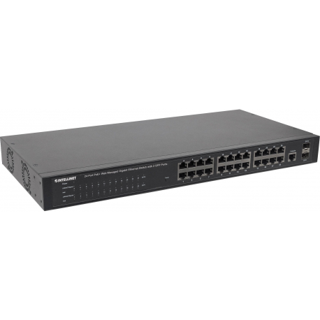 Intellinet 24-Port Gigabit Ethernet PoE+ Web-Managed Switch with 2 SFP Ports, 24 x PoE ports, IEEE 802.3at/af Power over Ethernet (PoE+/PoE), 2 x SFP, Endspan, 19" Rackmount - Switch - Managed - 24 x 10/100/1000 (PoE+) + 2 x SFP - desktop, rack-mountable - PoE+ - 1